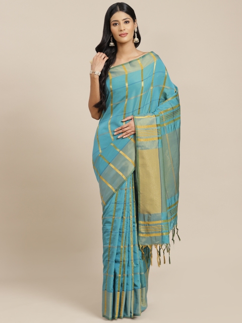 

OM SAI LATEST CREATION Women Blue & Golden Striped Jaali Kanjeevaram Saree