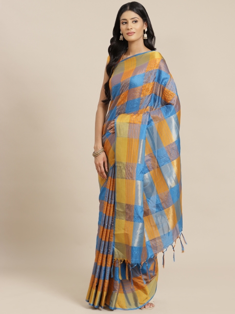 

OM SAI LATEST CREATION Mustard Orange & Blue Checked Jaali Silk Cotton Saree