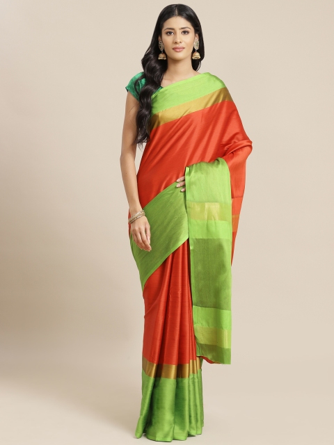 

OM SAI LATEST CREATION Coral Red & Green Jaali Silk Cotton Saree