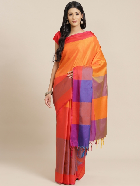 

OM SAI LATEST CREATION Orange & Red Colourblocked Jaali Silk Cotton Saree