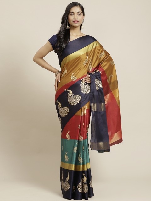 

OM SAI LATEST CREATION Mustard Yellow & Blue Woven Design Jaali Kanjeevaram Saree