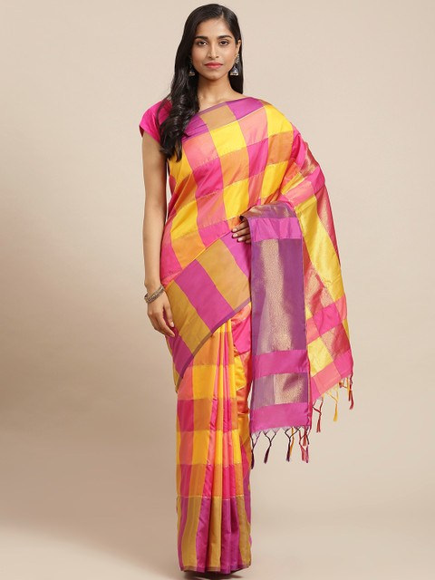

OM SAI LATEST CREATION Pink & Yellow Checked Jaali Kanjeevaram Saree