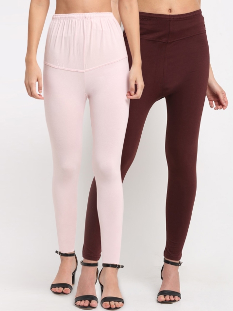 

NEUDIS Women Pack Of 2 Brown & Pink Solid Ankle-Length Leggings