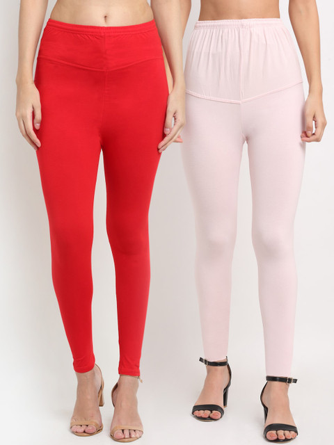 

NEUDIS Women Pack Of 2 Solid Ankle-Length Leggings, Red