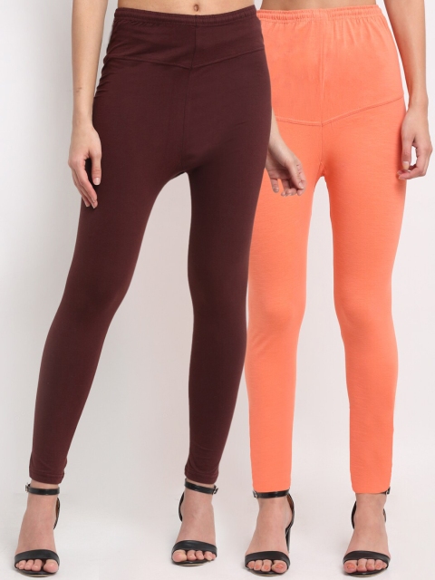 

NEUDIS Women Pack Of 2 Solid Ankle-Length Leggings, Brown