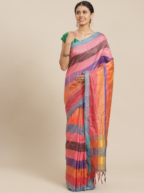 

OM SAI LATEST CREATION Women Pink & Blue Striped Jaali Kanjeevaram Saree
