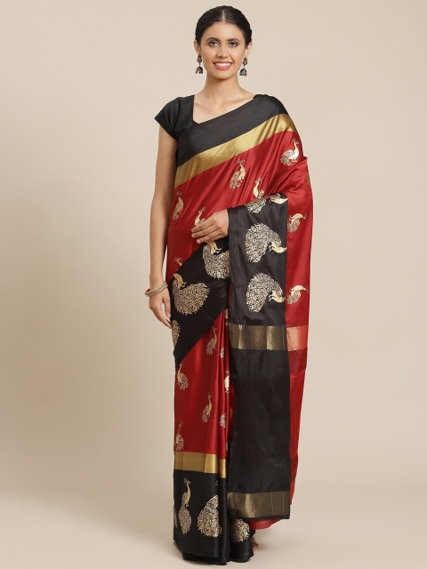 

OM SAI LATEST CREATION Women Maroon & Black Ethnic Motifs Jaali Kanjeevaram Saree