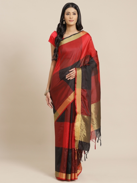 

OM SAI LATEST CREATION Red & Black Colourblocked Jaali Kanjeevaram Saree