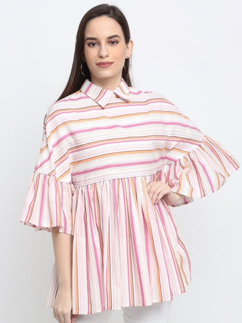 

THE UKKIYO LIFE Women Pink & White Pure Cotton Striped Empire Style Longline Top