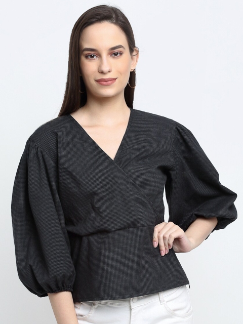 

THE UKKIYO LIFE Women Black Pure Cotton Checked Crop Wrap Top