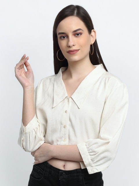 

THE UKKIYO LIFE Women Beige Pure Cotton Solid Shirt Style Crop Top