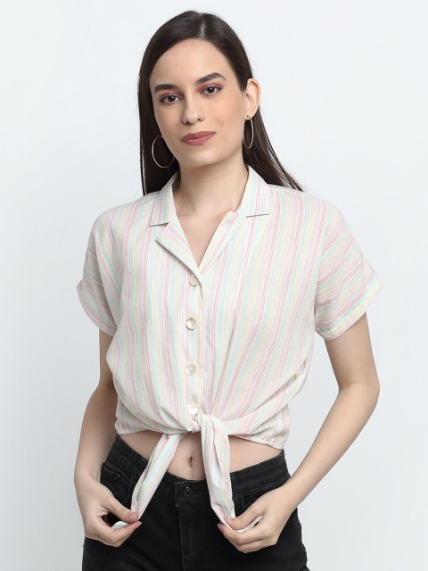 

THE UKKIYO LIFE Women Multicoloured Pure cotton Vertical Striped Shirt Style Crop Top, Multi