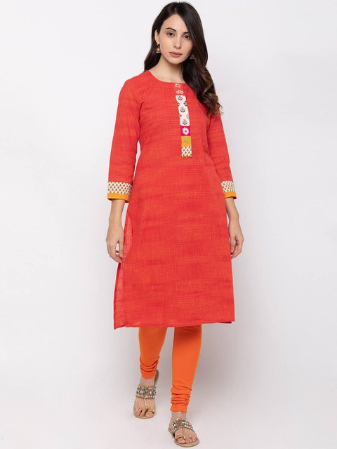 

ZOLA Women Orange Geometric Woven Designed Straight Kurta