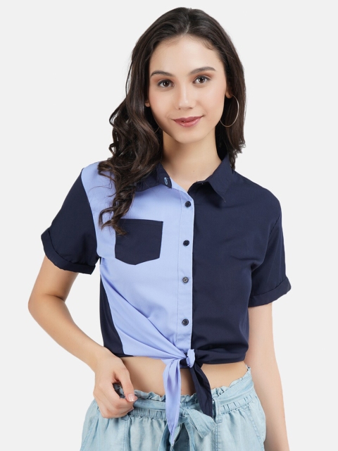 

JAAIVE Women Navy Blue & Sky Blue Colourblocked Shirt Style Crop Top With Tie-Up
