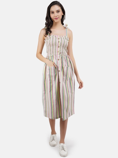 

JAAIVE Women Multicoloured Striped & Smocked Fit & Flare Midi Dress With Pockets, Multi