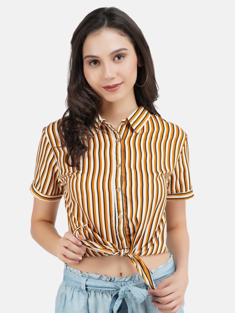

JAAIVE Multicoloured Striped Crepe Shirt Style Crop Top With Tie-Up, Multi
