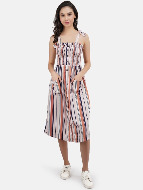 

JAAIVE Women Multicoloured Striped & Smocked Fit & Flare Midi Dress With Pockets, Multi