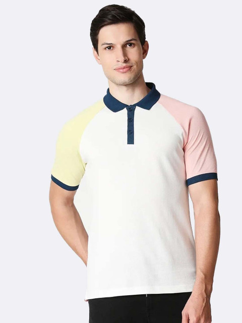

Bewakoof Men White Colourblocked Polo Collar T-shirt
