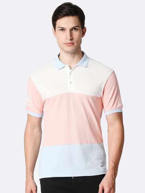 

Bewakoof Men Blue & Pink Colourblocked Polo Collar T-shirt