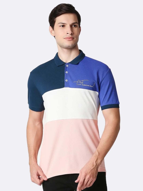 

Bewakoof Men Pink & White Colourblocked Polo Collar T-shirt