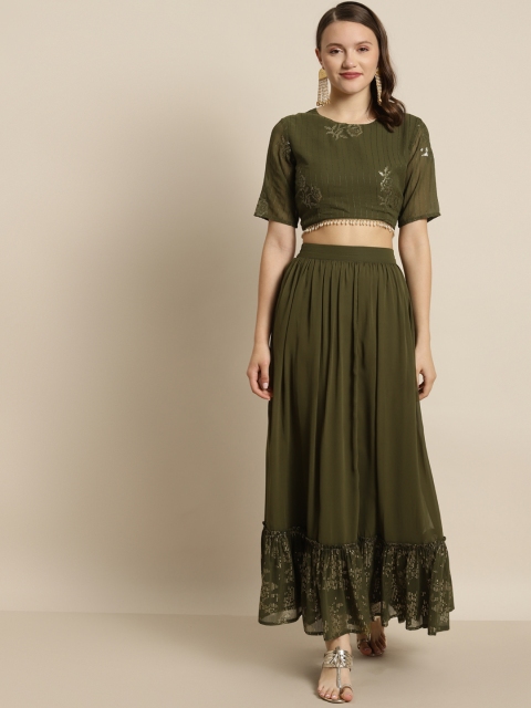 

Juniper Green & Gold-Toned Printed Sequinned Ready to Wear Lehenga Set