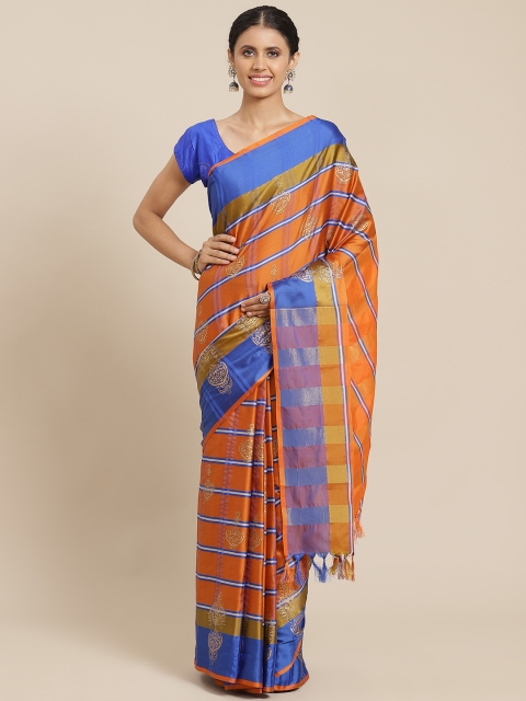 

OM SAI LATEST CREATION Orange & Blue Striped Jaali Saree