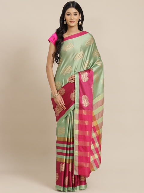 

OM SAI LATEST CREATION Women Pink & Green Ethnic Motifs Jaali Kanjeevaram Saree