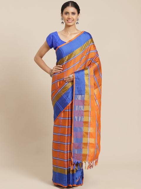 

OM SAI LATEST CREATION Orange & Blue Checked Jaali Silk Cotton Kanjeevaram Saree