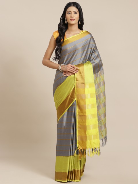 

OM SAI LATEST CREATION Women Grey & Yellow Striped Jaali Kanjeevaram Saree