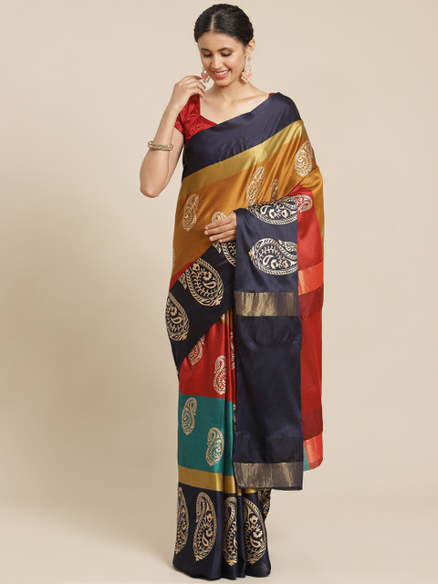 

OM SAI LATEST CREATION Mustard Brown & Red Striped Jaali Silk Cotton Kanjeevaram Saree
