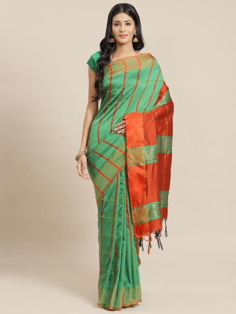 

OM SAI LATEST CREATION Women Green & Orange Checked Jaali Kanjeevaram Saree
