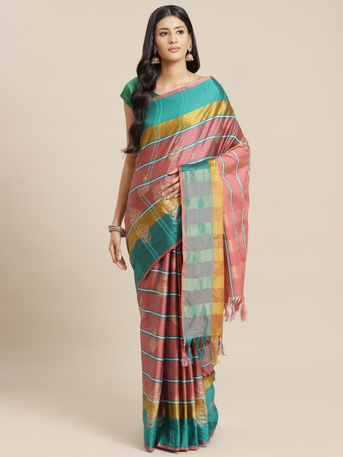

OM SAI LATEST CREATION Women Blue & Pink Striped Jaali Kanjeevaram Saree