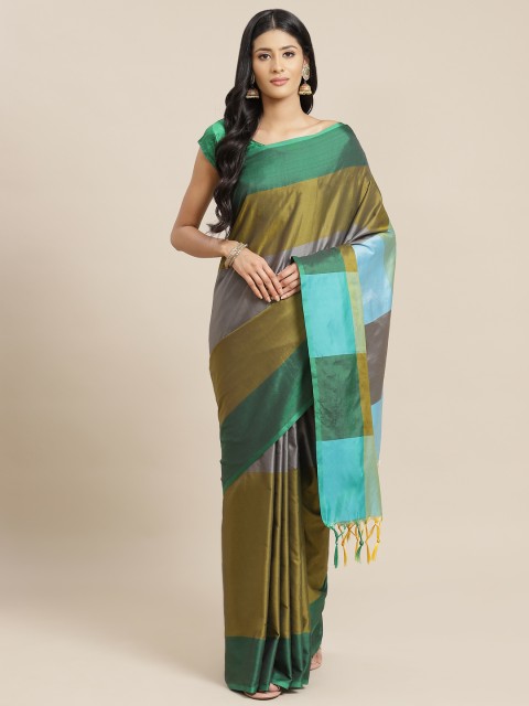 

OM SAI LATEST CREATION Women Blue & Green Striped Jaali Kanjeevaram Saree