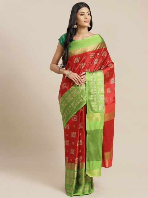 

OM SAI LATEST CREATION Women Red & Green Printed Jaali Kanjeevaram Saree