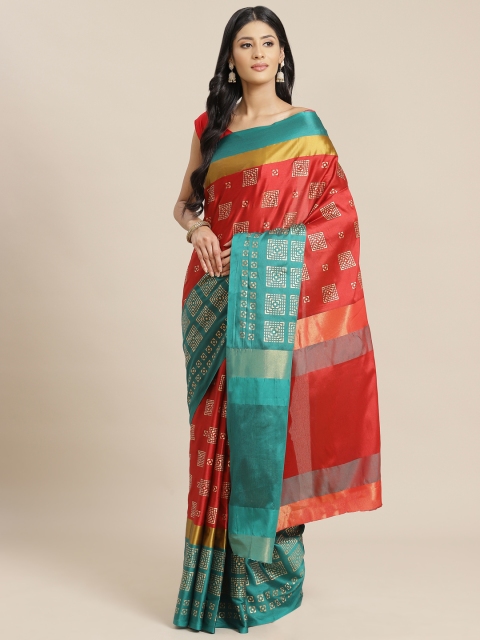 

OM SAI LATEST CREATION Women Red & Blue Printed Jaali Kanjeevaram Saree