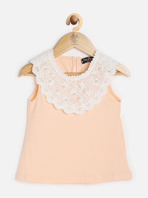 

One Friday Girls Peach-Coloured & White Lace Embellished A-Line Top