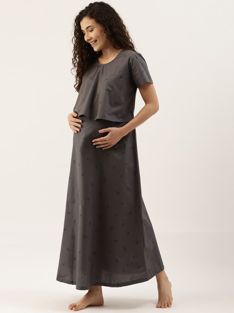 

Nejo Grey Printed Maxi Pure Cotton Woven Maternity Nightdress NJS002