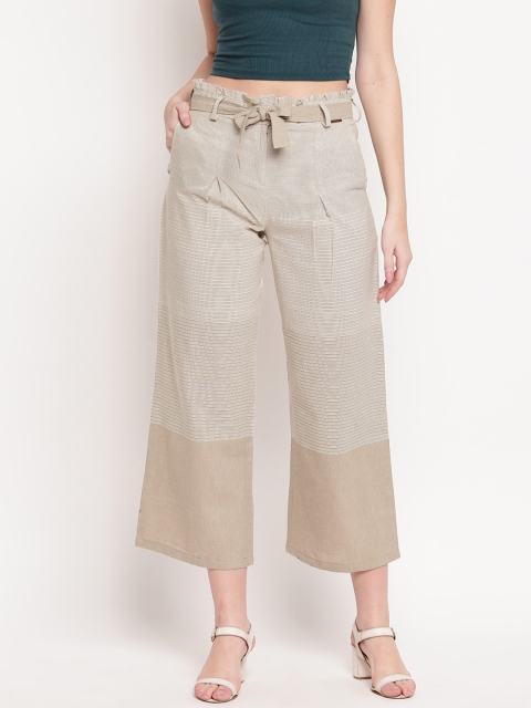 

Kvsfab Women Beige & Off White Striped Pleated Culottes
