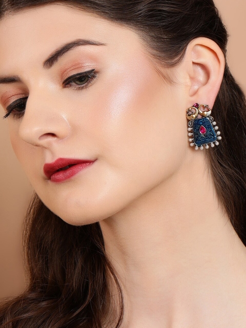 

Rubans Silver-Plated & Blue Oxidised Handcrafted Contemporary Drop Earrings