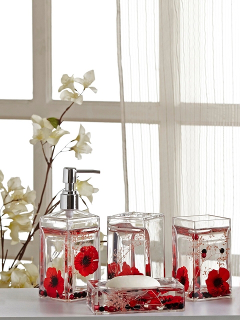

OBSESSIONS Set Of 4 Black & Red Floral Printed Bathroom Accessories