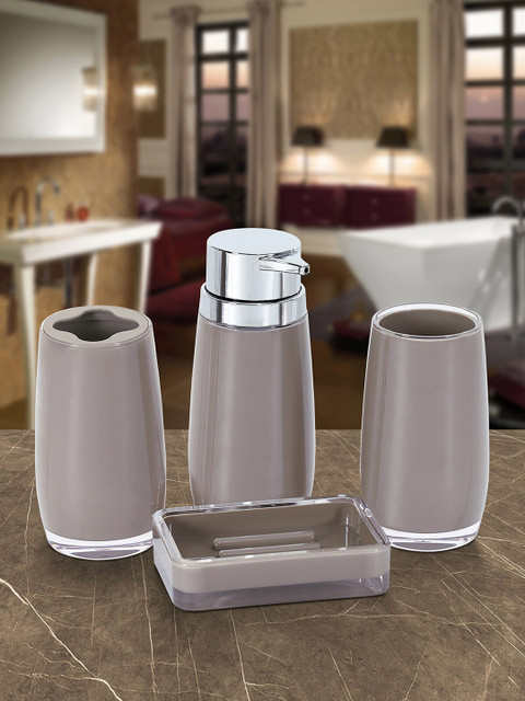 

OBSESSIONS Set Of 4 Brown & Silver-Toned Solid Bathroom Accessories