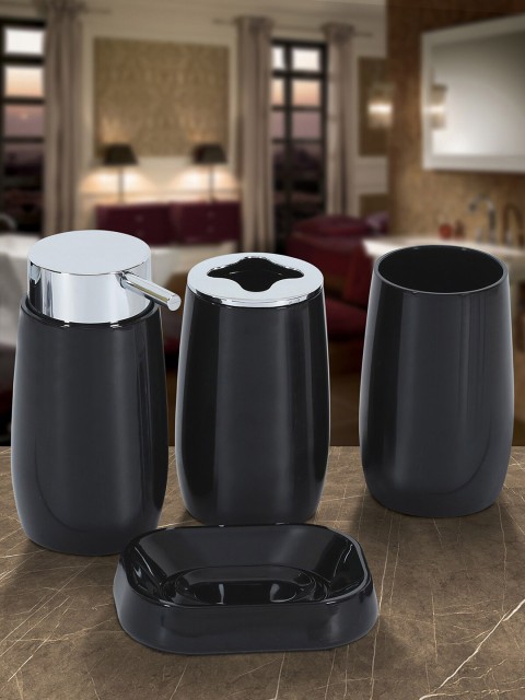 

OBSESSIONS Set Of 4 Black & Silver-Toned Solid Bathroom Accessories