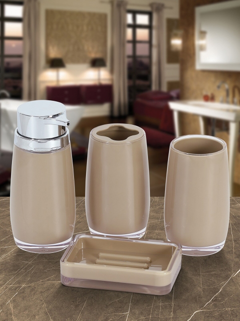 

OBSESSIONS Set Of 4 Brown & Silver-Toned Solid Bathroom Accessories Set