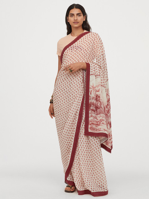 

H&M White & Maroon Printed Chiffon Sari