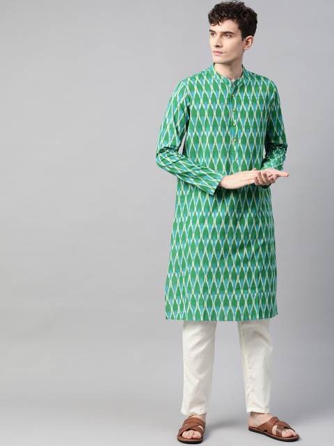 

See Designs Men Green Pure Cotton Ikat Printed Kurta with Pyjamas