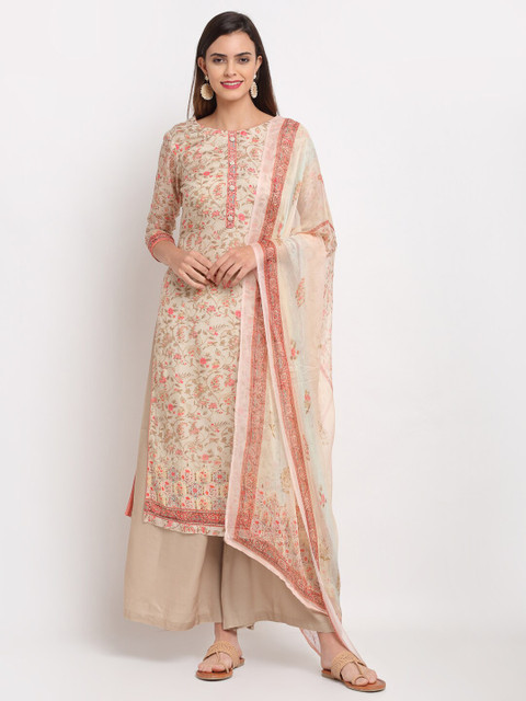 

Stylee LIFESTYLE Beige & Pink Printed Pure Silk Unstitched Dress Material