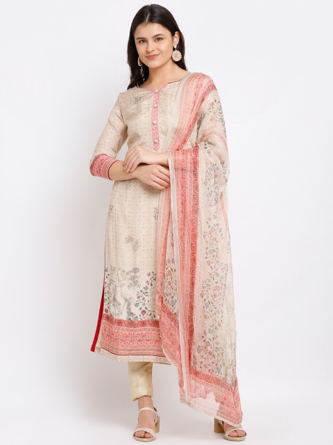 

Stylee LIFESTYLE Beige & Peach-Coloured Printed Pure Silk Unstitched Dress Material