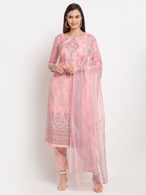 

Stylee LIFESTYLE Pink & Grey Printed Pure Silk Unstitched Dress Material