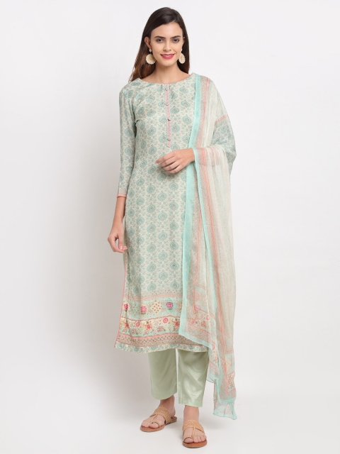 

Stylee LIFESTYLE Beige & Teal Printed Pure Silk Unstitched Dress Material