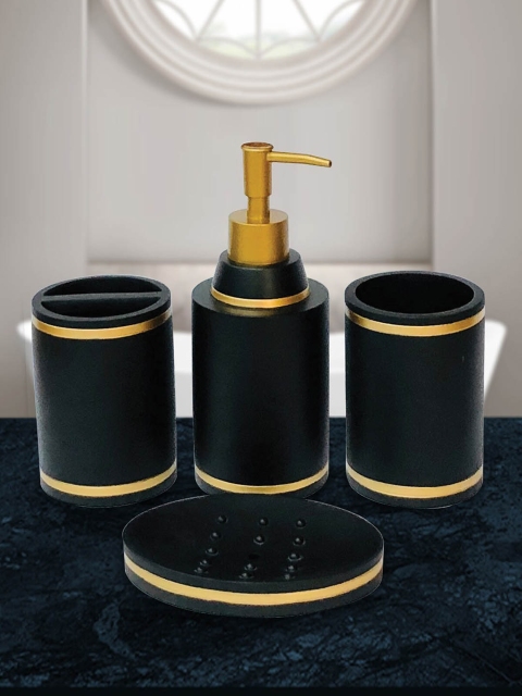 

OBSESSIONS Set Of 4 Black & Gold-Toned Alvina Border Design Bathroom Accessories